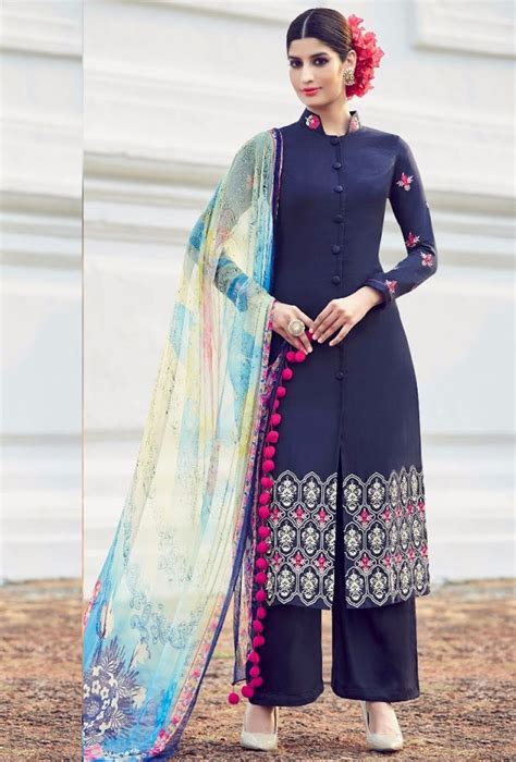 Blue Designer Embroidered Suit With Printed Dupatta Designer Suits Online Designer Suits