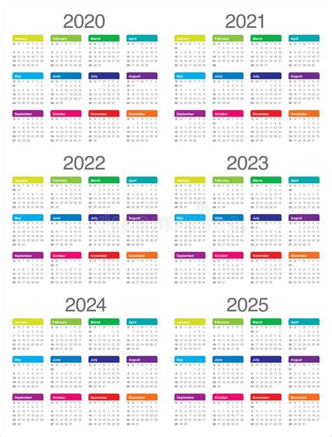 Jahr 2020 2021 2022 2023 2024 2025 Kalendervordruck Vektor Abbildung