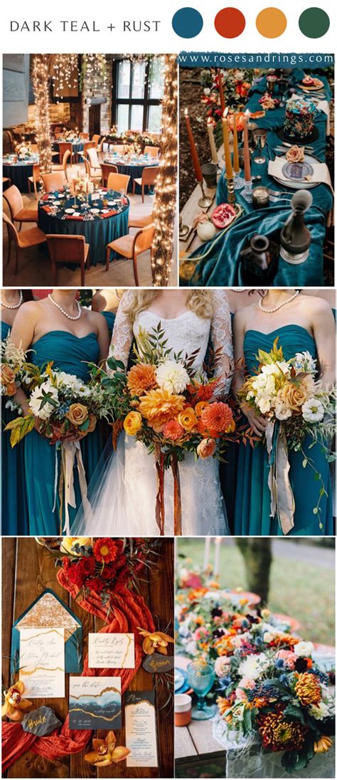 Dark Teal And Rust Fall Wedding Color Ideas For 2021 Roses And Rings