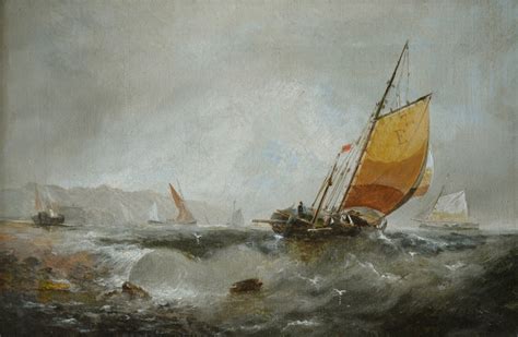 Pair Antique Oil Paintings Seascapes Sailing Ships Off The Coast