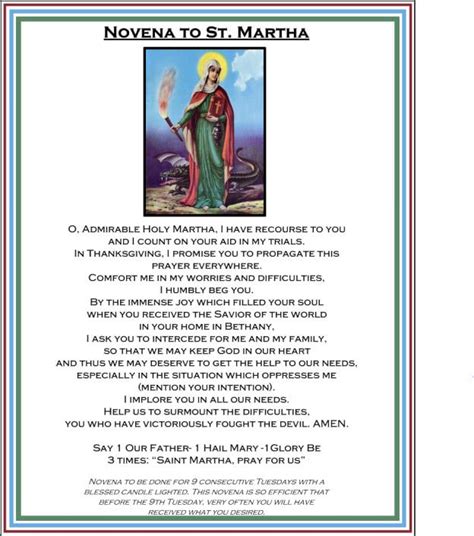 Saint Martha Novena Biography Printable Prayer Card