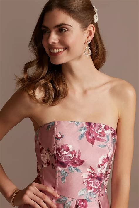 Strapless Floral Printed Satin Fit And Flare Dress Davids Bridal