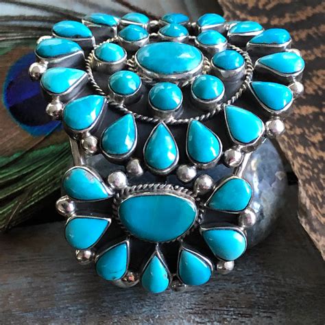 Beautiful Vintage Navajo Cluster Turquoise Sterling Cuff