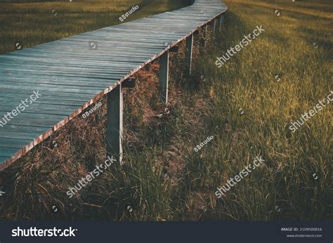 Wooden Bridge Footbridge Walkway Pathway Along Stock Photo 2109500816