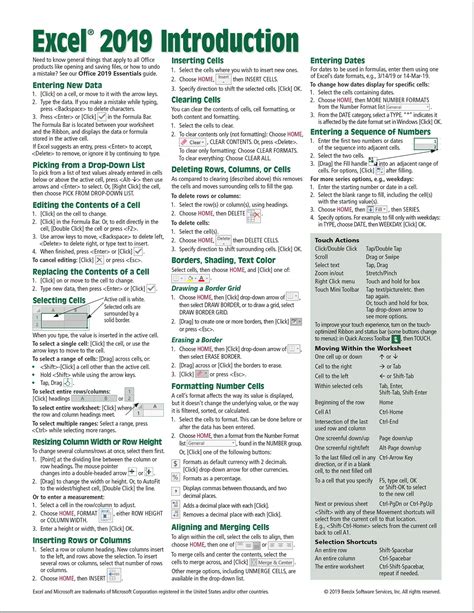 Buy Microsoft Excel 2019 Introduction Quick Reference Guide Windows