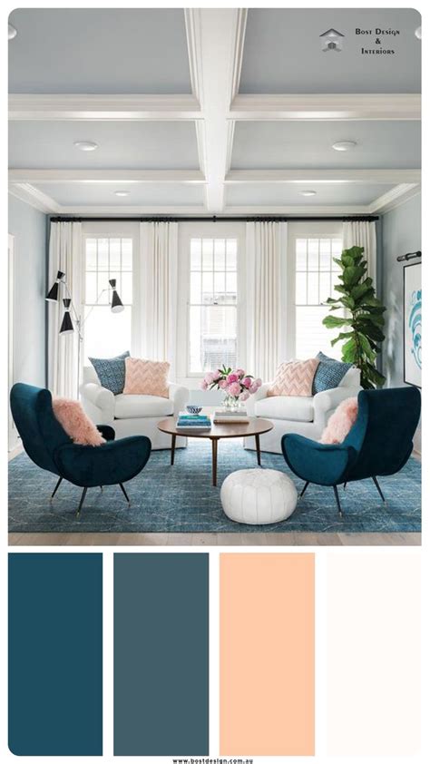 A Living Room Filled With Furniture And Color Scheme In Shades Of Teal