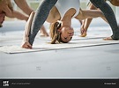 Young woman bending over during a yoga class stock photo - OFFSET