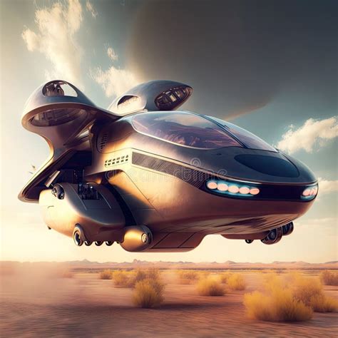 Flying Futuristic Cyberpunk Car In The Big City Stock Illustration