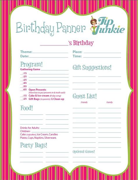 Free Birthday Planner Worksheet From Tip Junkie Full Image Event