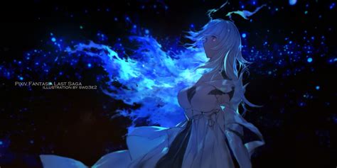 Pixiv Fantasia Anime Girls Anime Women Fantasy Girl White Hair Long Hair Dress Dark Looking Away