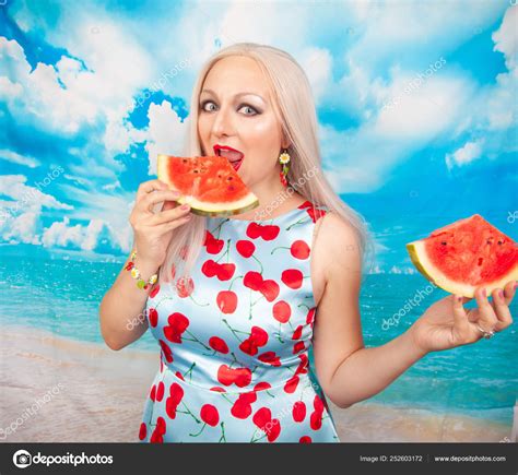 Charming Plump Blonde Big Breasts Swimsuit Stands Piece Watermelon