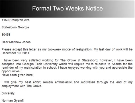 Two Weeks Notice Letter Of Resignation Letter