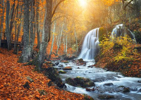 Waterfall At Mountain River In Autumn Forest At Sunset Stock Image Image Of Scene Beautiful