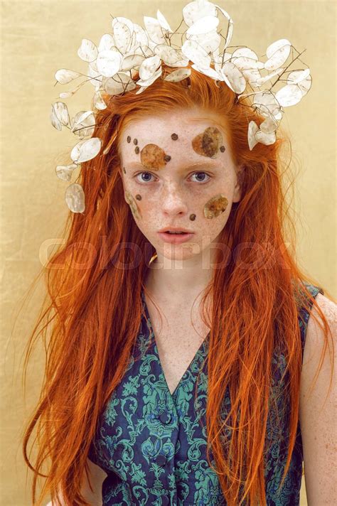 Beautiful Ginger Girl With Flowers In Hair Clean Skin Stock Image
