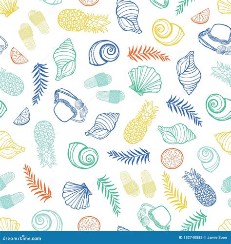 Vector White Colorful Tropical Beach Pattern With Seashells Pinapples
