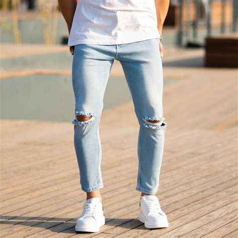 Mens Light Blue Jeans With Rips