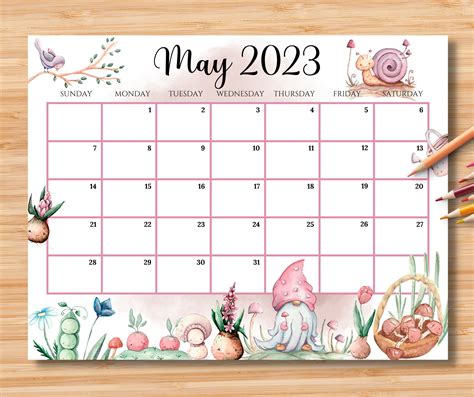 Editable May 2023 Calendar Hello Spring With Cute Gnome And Etsy Hong Kong