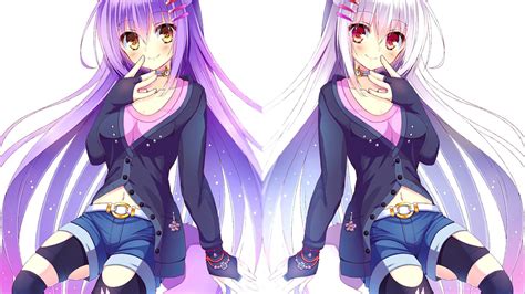 デスクトップ壁紙 図 長い髪 アニメの女の子 アートワーク 紫色の髪 漫画 太ももの高 元の文字 双子 マンガカ 1920x1080 makelelele