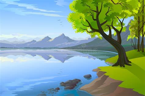 Peaceful Lake A Lonely Tree And Vast Blue Sky Stock Vector Illustration Of Countryside