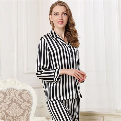 Black And White Striped Silk Pajama Set For Women Silk Pajama Set Pajamas Women Silk Pajamas
