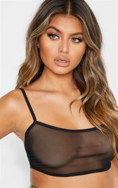 Black Mesh Strappy Crop Top Tops Prettylittlething
