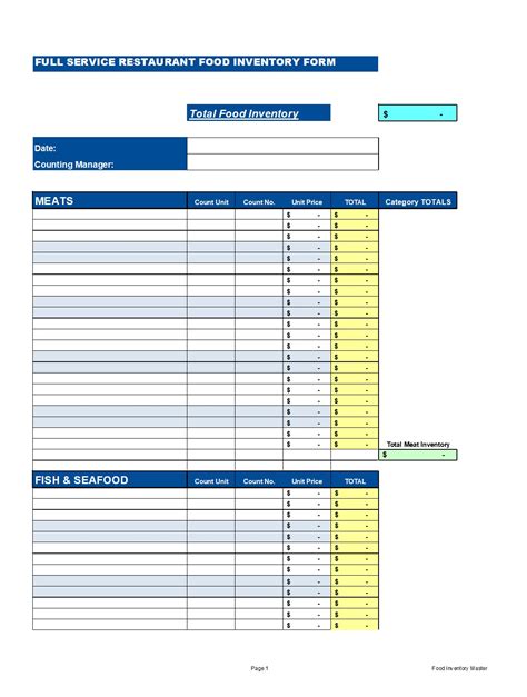 Full Service Restaurant Inventory Spreadsheet
