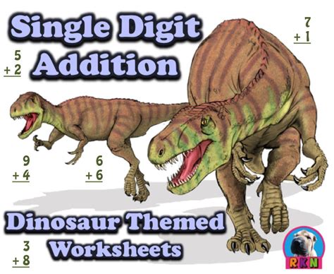 Single Digit Addition Dinosaur Themed Worksheets Vertical