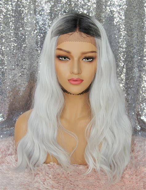 Icy White Lace Front Wig Wavy Wig With Dark Roots Heat Etsy