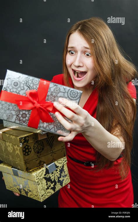 Woman Hold Red Gift Box Stock Photo Alamy