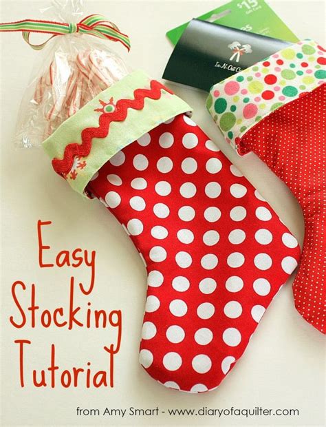 An Easy Stocking Pattern For Christmas Stockings Is Shown With Candy In The Bag And On The Table