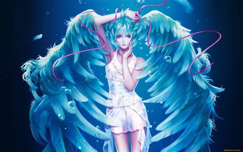 Anime Girl Cute Long Blue Hair Beautiful Angel Wings Dress
