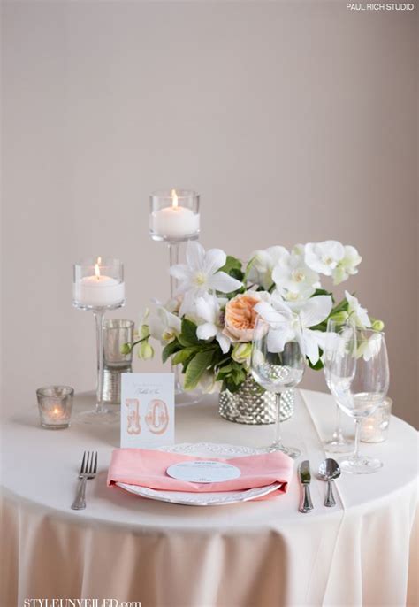 Peach White And Silver Wedding Table Setting Paul Rich Studio