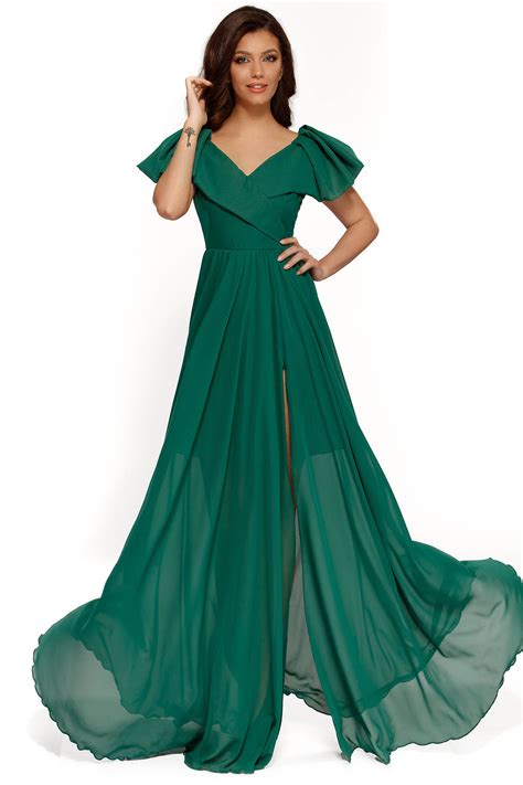 Green Occasional Dress Voile Fabric With Inside Lining With Ruffle Details