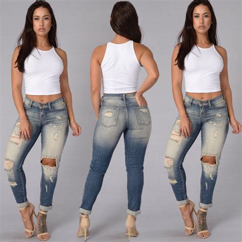 Women Denim Skinny Ripped Pants High Waist Stretch Jeans Slim Pencil