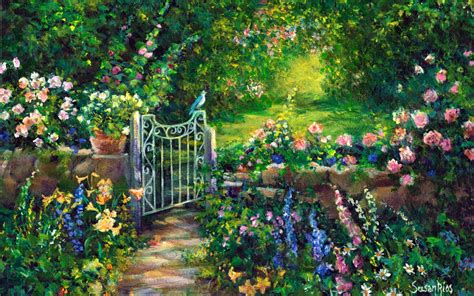 Download Bird Gate Flower Spring Garden Artistic Painting Hd Wallpaper