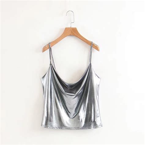 Sexy Glossy Silver Camisole Cami Top Women Shiny Crop Tank Top Summer