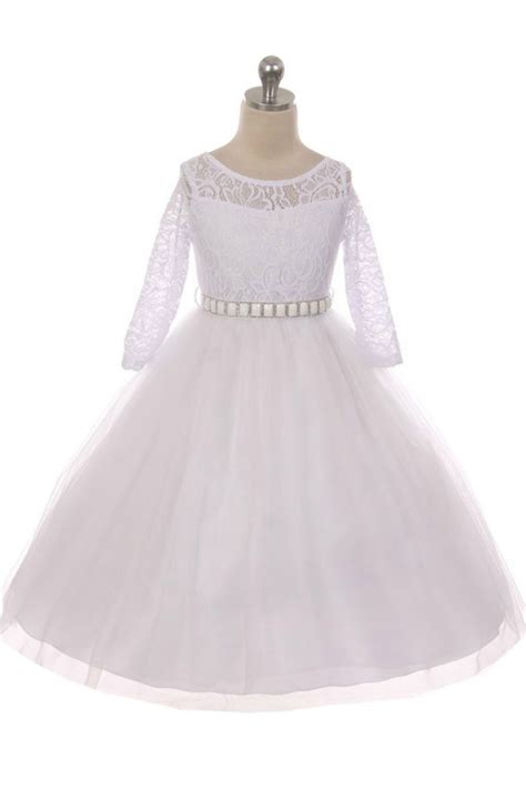 Mb372w Girls Dress Style 372 White Long Sleeved Lace And Tulle