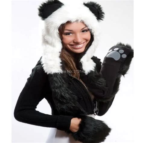 Faux Fur Hood Animal Womens Mens Hat Ear Flaps Hand Pockets 3in1 Hat
