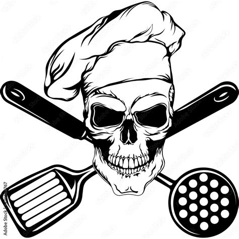 Chef Logo Svg Design With A Skull In A Chef Hat And Crossed Kitchen Utensils Stock Vector