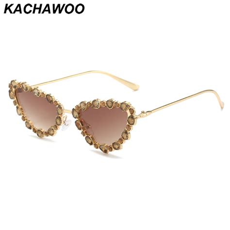 Kachawoo Rhinestone Cat Eye Sunglasses Metal Frame Brown Grey Female Vintage Sun Glasses Women