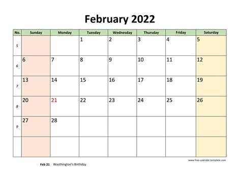February 2022 Calendar Printable With Coloring On Weekend Horizontal
