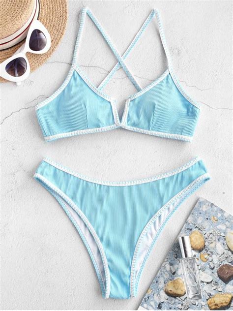53 Off 2020 Zaful Whip Stitch V Wired Ribbed Bikini Swimsuit In Tron