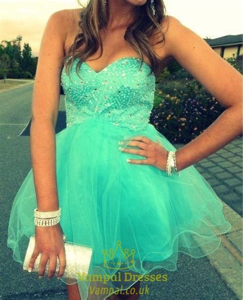 turquoise strapless sweetheart short beaded tulle party dress vampal dresses