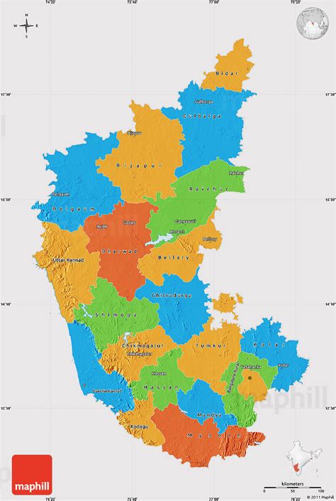 Φ latitude, λ longitude (of map. Political Map of Karnataka, cropped outside