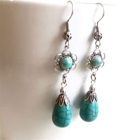 Turquoise Earrings Turquoise Howlite Silver Filigree Etsy