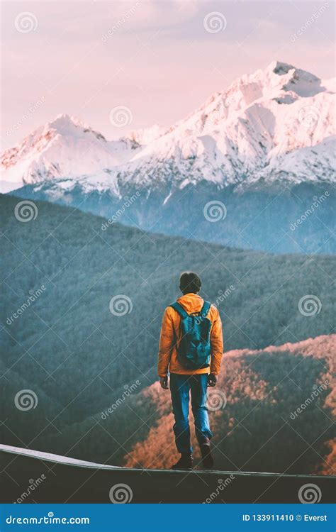 Traveler Enjoying Sunset Mountains Adventure Lifestyle Stock Photo