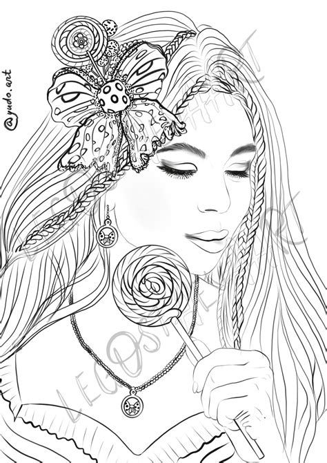 Printable Coloring Page For Adult Sweet Girl Grayscale Work Etsy