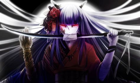 purple haired demon girl with sword anime character hd wallpaper wallpaper flare