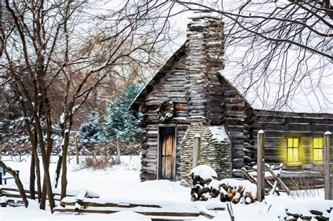 Winter Christmas Scene With A Log Cabin Stock Photo