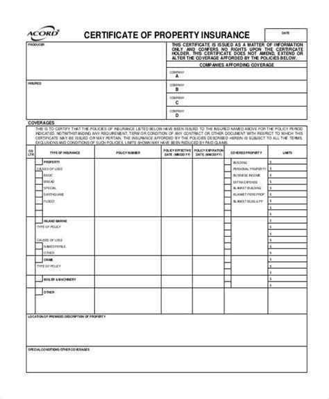 Certificate Of Insurance Form Template